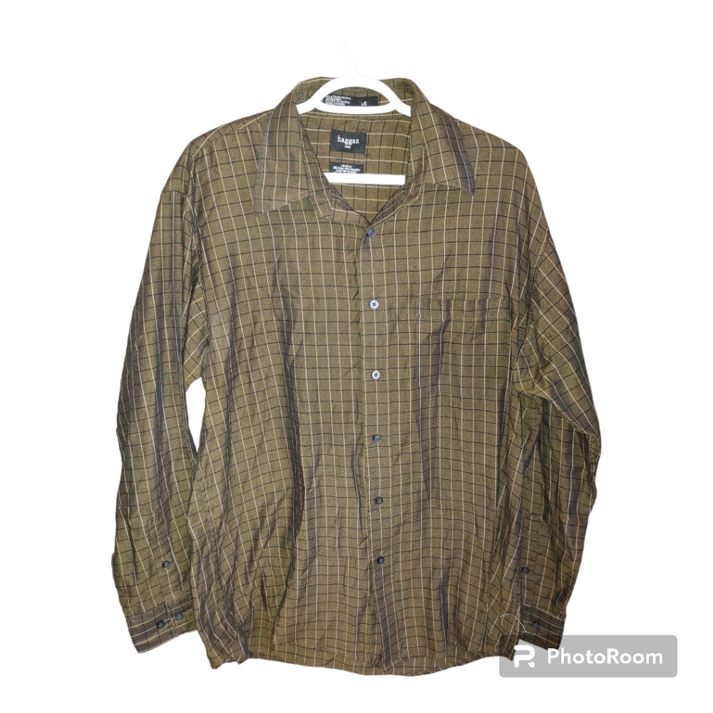 HAGGAR Brown Plaid Button Down Long Sleeve Size Large